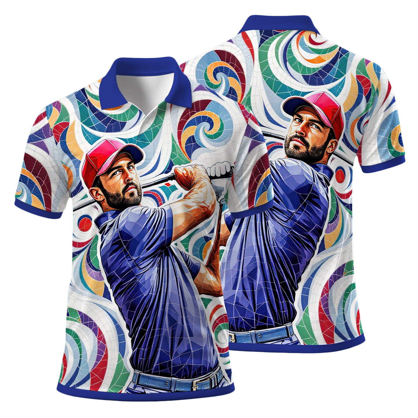 HomyGifts Men's Customized Face Artistic Golf Polo Shirt, Personalized American Flag Design, Unique Gift for Patriotic Golfers Style 12