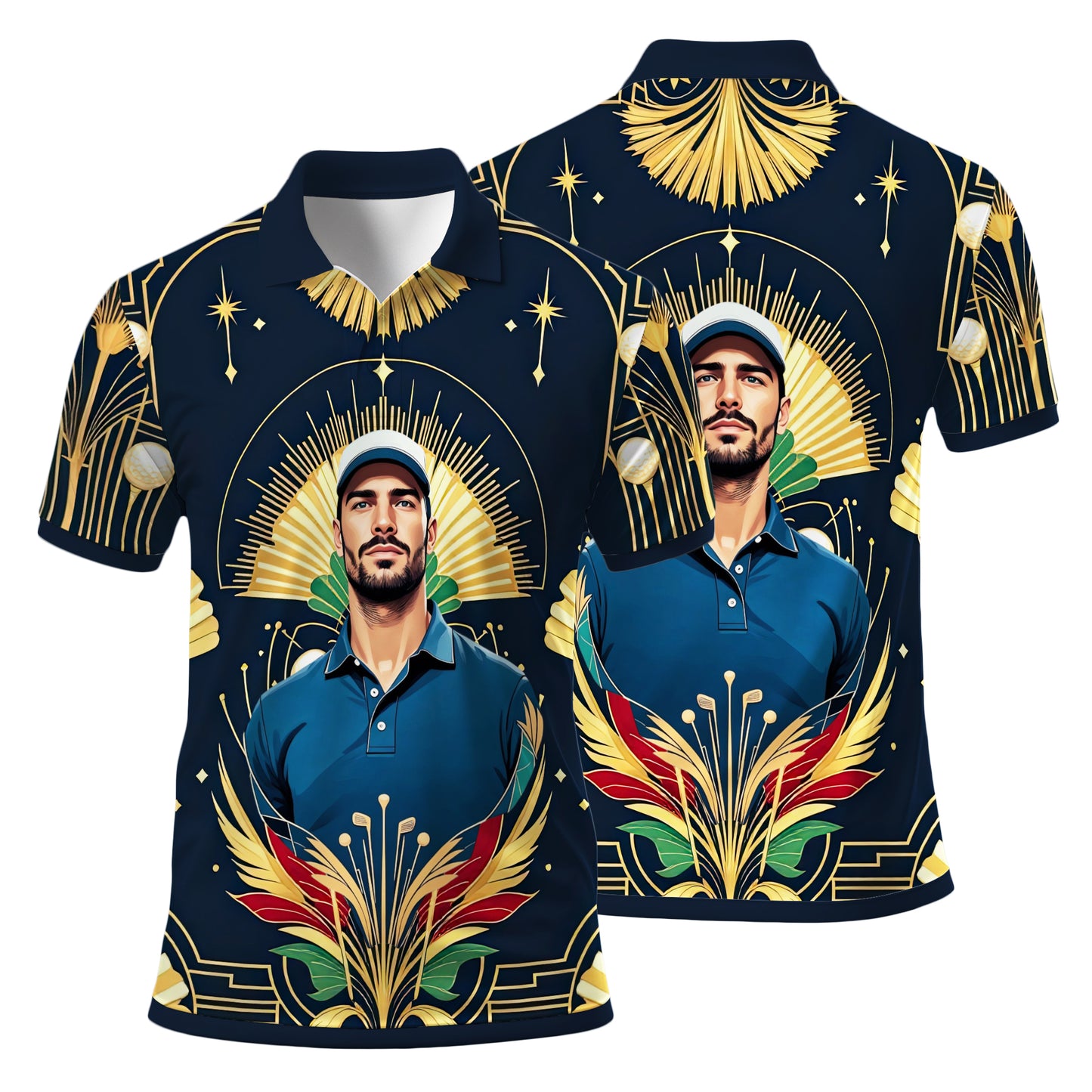 Custom Face Golf Polo Shirt – Swing in Gold Art Deco Revival Style | Personalized Golf Shirt for Men Style 1