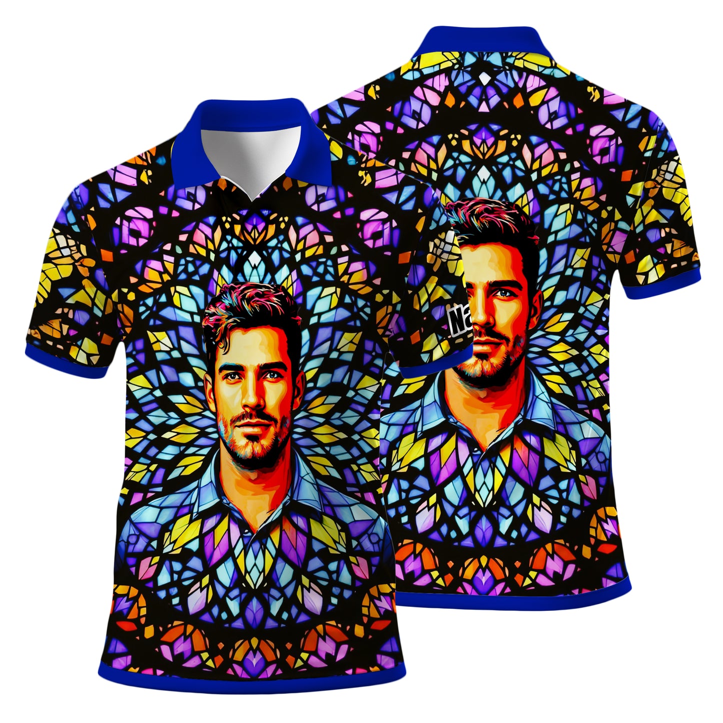 Custom Face Golf Polo Shirt – Personalized Stained Glass Mandala Style Polo, Unique Gift for Men & Women, Vibrant Artistic Golf Shirt, Custom Photo Polo