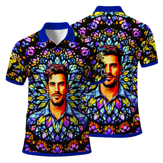 Custom Face Golf Polo Shirt – Personalized Stained Glass Mandala Style Polo, Unique Gift for Men & Women, Vibrant Artistic Golf Shirt, Custom Photo Polo