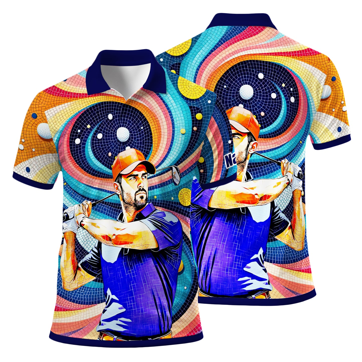 HomyGifts Men's Customized Face Artistic Golf Polo Shirt, Mosaic Art Style, Unique Personalized Golf Polo For Men Style 17