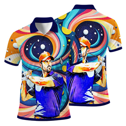 HomyGifts Men's Customized Face Artistic Golf Polo Shirt, Mosaic Art Style, Unique Personalized Golf Polo For Men Style 17