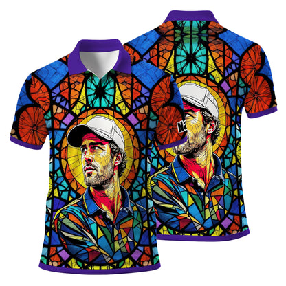 Custom Face Golf Polo Shirt – Personalized Stained Glass Art Shirt, Unique Golf Gift for Him, Colorful Abstract Golf Polo, Custom Sportswear