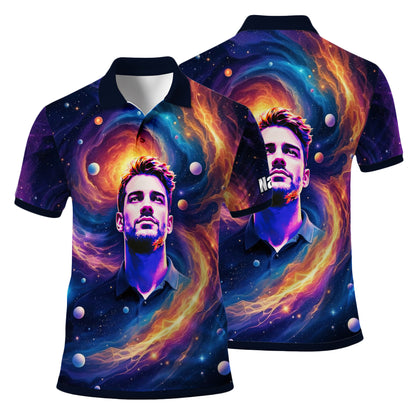 Custom Cosmic Portrait Polo Shirt – Personalized Surreal Galaxy Art with Your Face | Unique Gift for Golfers, Sports & Astrology Fans Style 7