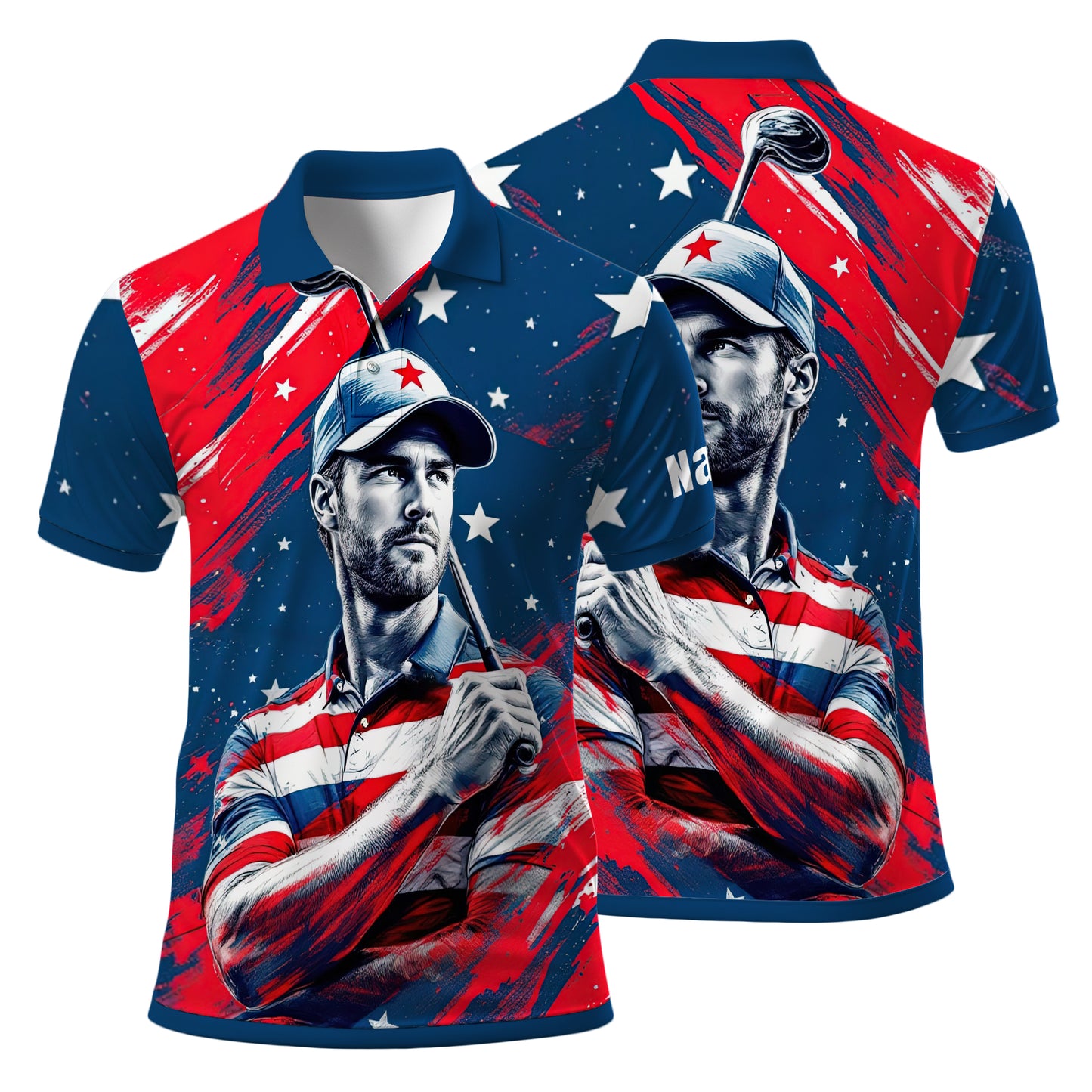 HomyGifts Men's Customized Face Artistic Golf Polo Shirt, Personalized American Flag Design, Unique Gift for Patriotic Golfers Style 16
