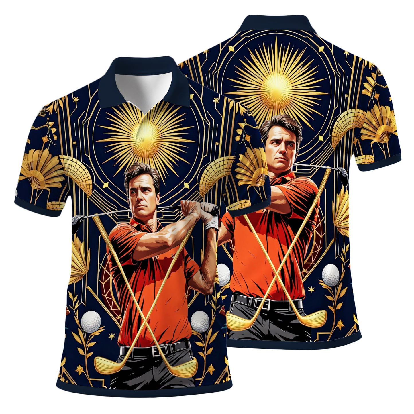 Custom Face Golf Polo Shirt – Swing in Gold Art Deco Revival Style | Personalized Golf Shirt for Men Style 7
