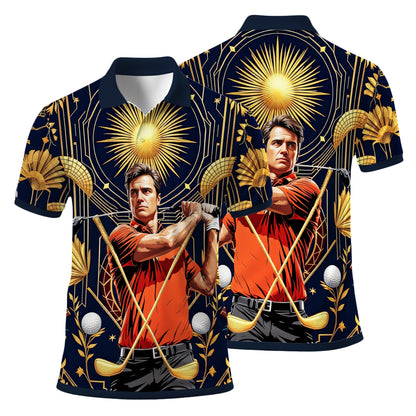 Custom Face Golf Polo Shirt – Swing in Gold Art Deco Revival Style | Personalized Golf Shirt for Men Style 7