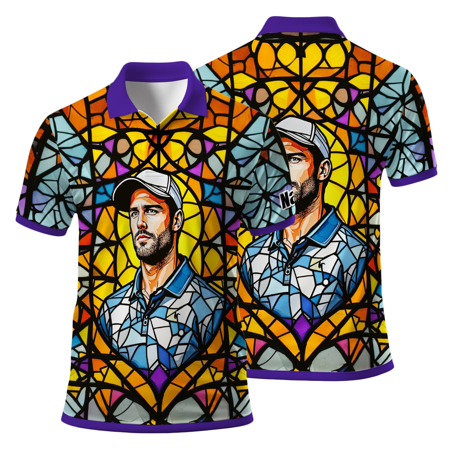 Custom Face Golf Polo Shirt – Personalized Stained Glass Art Shirt, Unique Golf Gift for Him, Colorful Abstract Golf Polo, Custom Sportswear