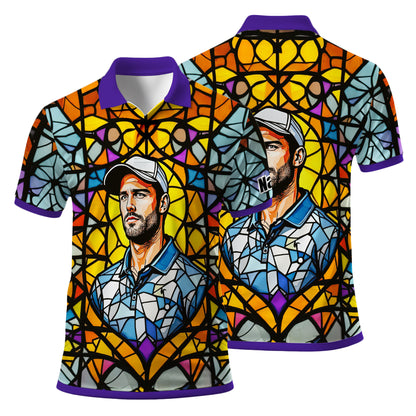 Custom Face Golf Polo Shirt – Personalized Stained Glass Art Shirt, Unique Golf Gift for Him, Colorful Abstract Golf Polo, Custom Sportswear