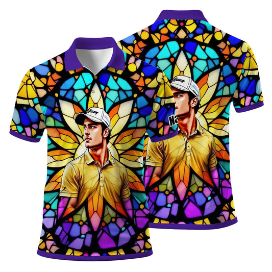 Custom Face Golf Polo Shirt – Personalized Stained Glass Art Shirt, Unique Golf Gift for Him, Colorful Abstract Golf Polo, Custom Sportswear
