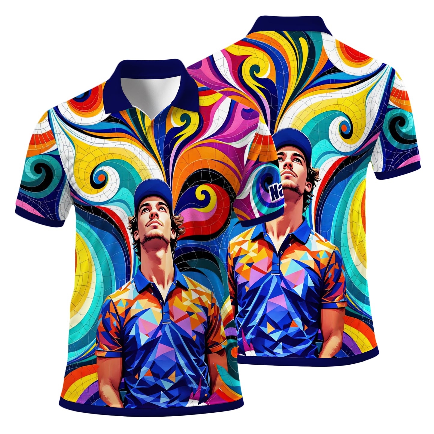 HomyGifts Men's Customized Face Artistic Golf Polo Shirt, Mosaic Art Style, Unique Personalized Golf Polo For Men Style 3