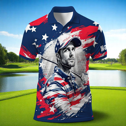 HomyGifts Men's Customized Face Artistic Golf Polo Shirt, Personalized American Flag Design, Unique Gift for Patriotic Golfers Style 13