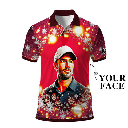Custom Face Golf Polo Shirt – Personalized Christmas Golf Shirt for Him, Unique Holiday Gift for Golfer, Snowflake Design Golf Apparel Style 16