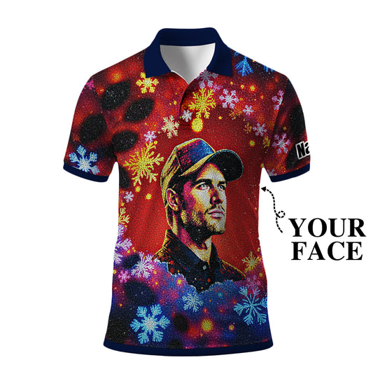 Custom Face Golf Polo Shirt – Personalized Christmas Golf Shirt for Him, Unique Holiday Gift for Golfer, Snowflake Design Golf Apparel Style 12
