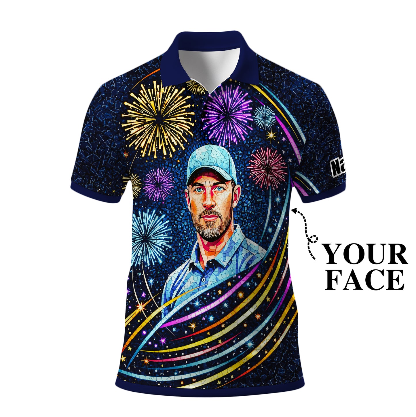 Custom Face Golf Polo Shirt – New Year Fireworks Edition | Personalized Golf Polo | Unique Holiday Gift for Him 2025 Style 4