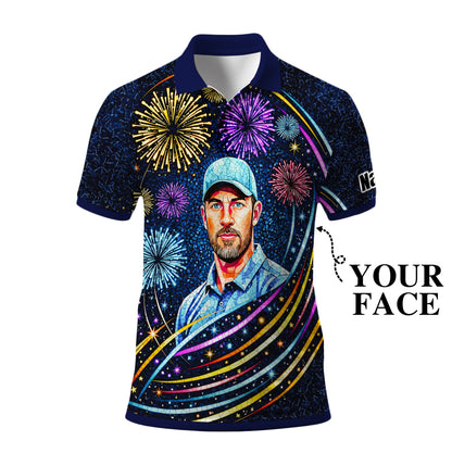Custom Face Golf Polo Shirt – New Year Fireworks Edition | Personalized Golf Polo | Unique Holiday Gift for Him 2025 Style 4