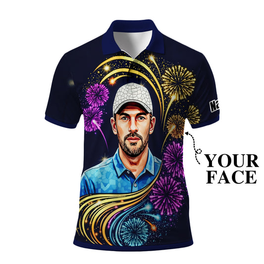 Custom Face Golf Polo Shirt – New Year Fireworks Edition | Personalized Golf Polo | Unique Holiday Gift for Him 2025 Style 6