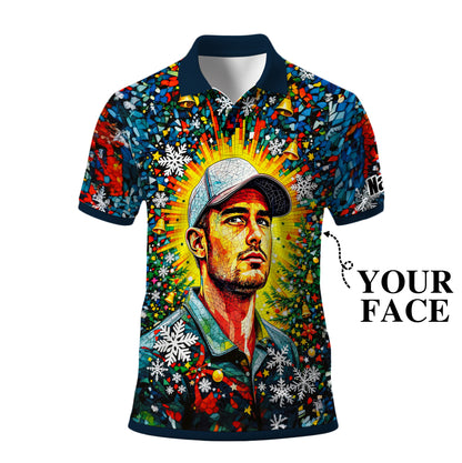 Personalized Christmas Golf Polo Shirt with Your Face – Custom Photo Holiday Shirt – Unique Mosaic Art Xmas Gift for Men, Custom Golf Apparel Style 4