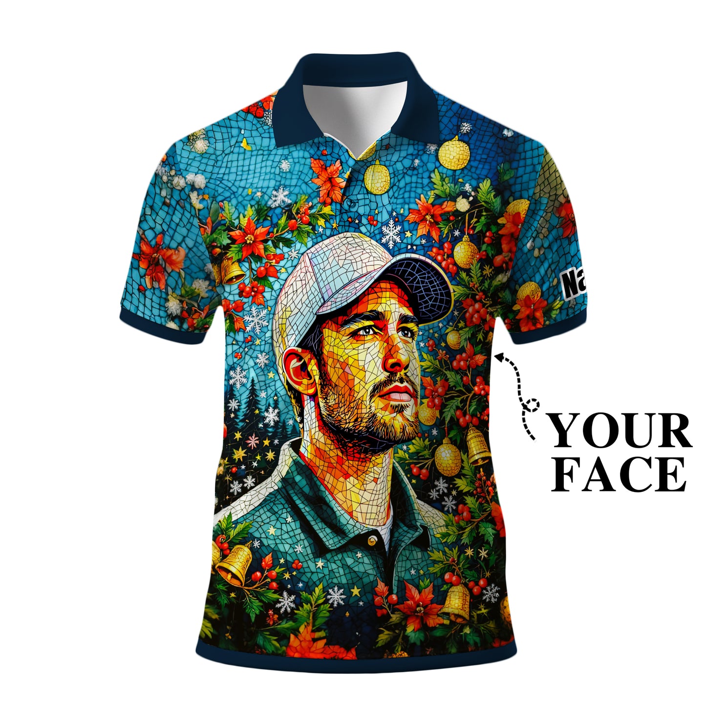 Personalized Christmas Golf Polo Shirt with Your Face – Custom Photo Holiday Shirt – Unique Mosaic Art Xmas Gift for Men, Custom Golf Apparel Style 3