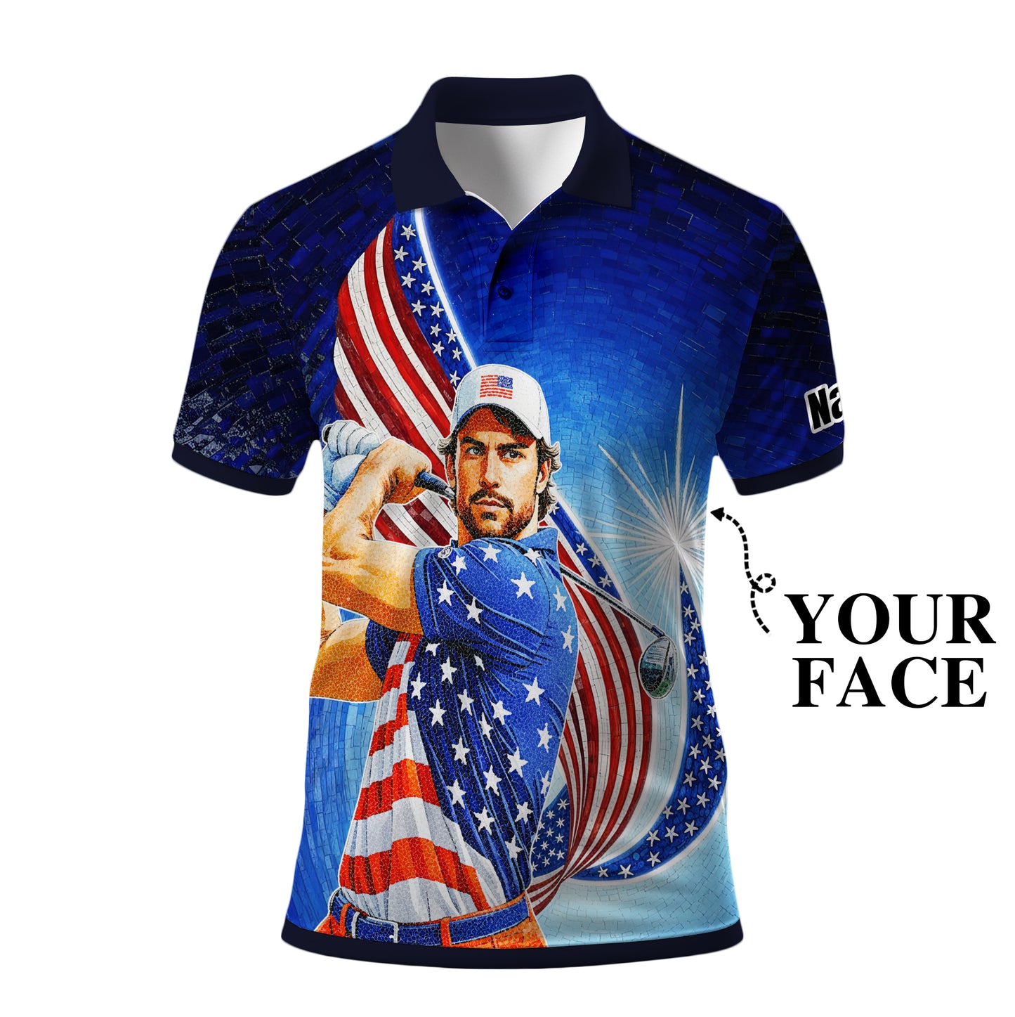Custom Face Patriotic Golf Polo Shirt – Personalized USA Flag Design – American Pride Gift for Him – Mosaic Art Golf Shirt Style 6