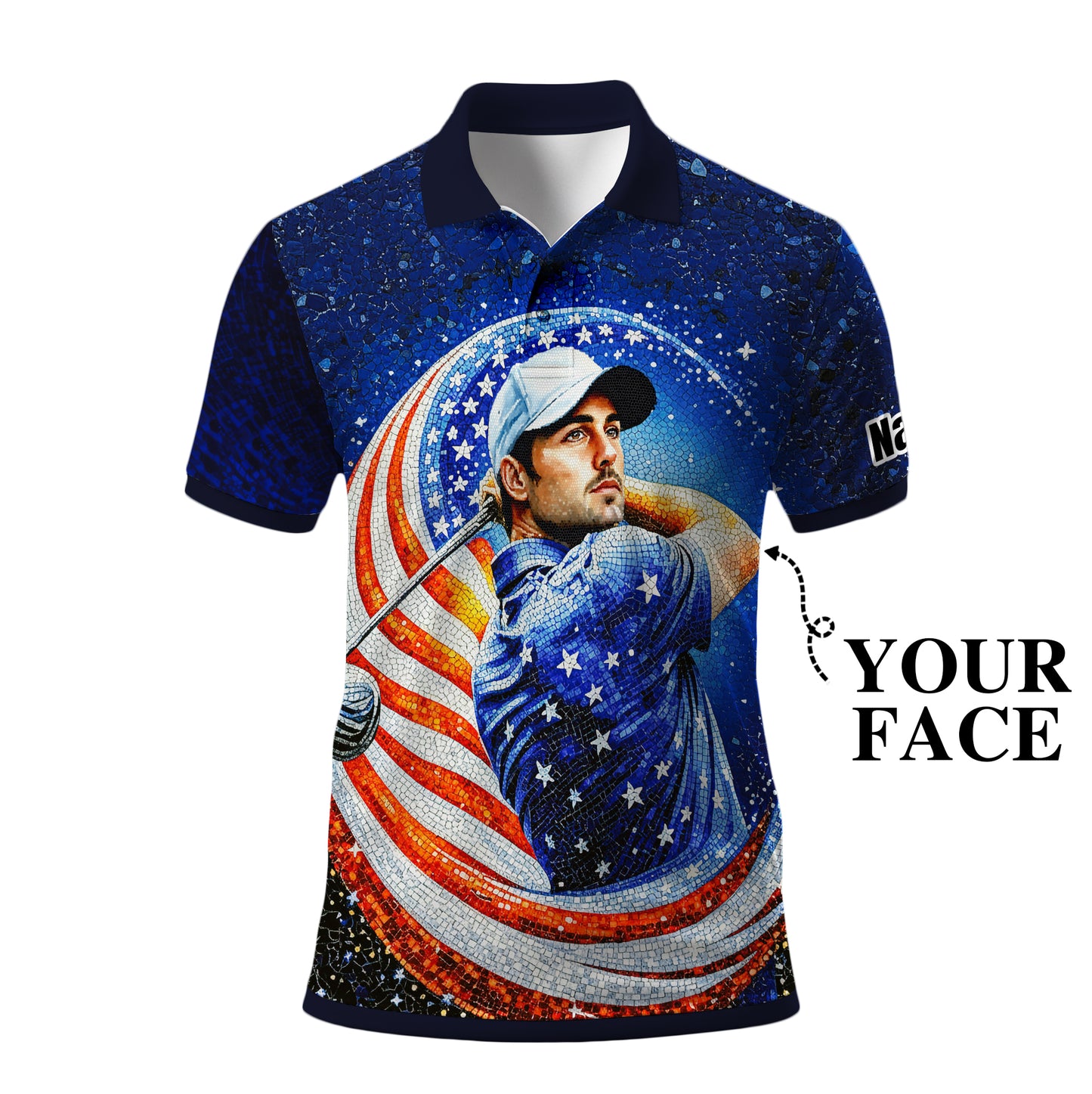 Custom Face Patriotic Golf Polo Shirt – Personalized USA Flag Design – American Pride Gift for Him – Mosaic Art Golf Shirt Style 11