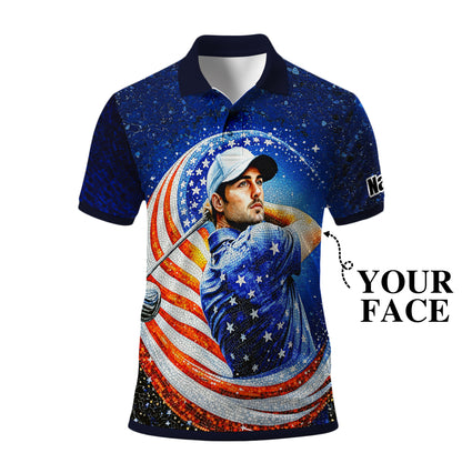 Custom Face Patriotic Golf Polo Shirt – Personalized USA Flag Design – American Pride Gift for Him – Mosaic Art Golf Shirt Style 11