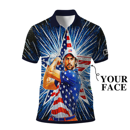 Custom Face Patriotic Golf Polo Shirt – Personalized USA Flag Design – American Pride Gift for Him – Mosaic Art Golf Shirt Style 4