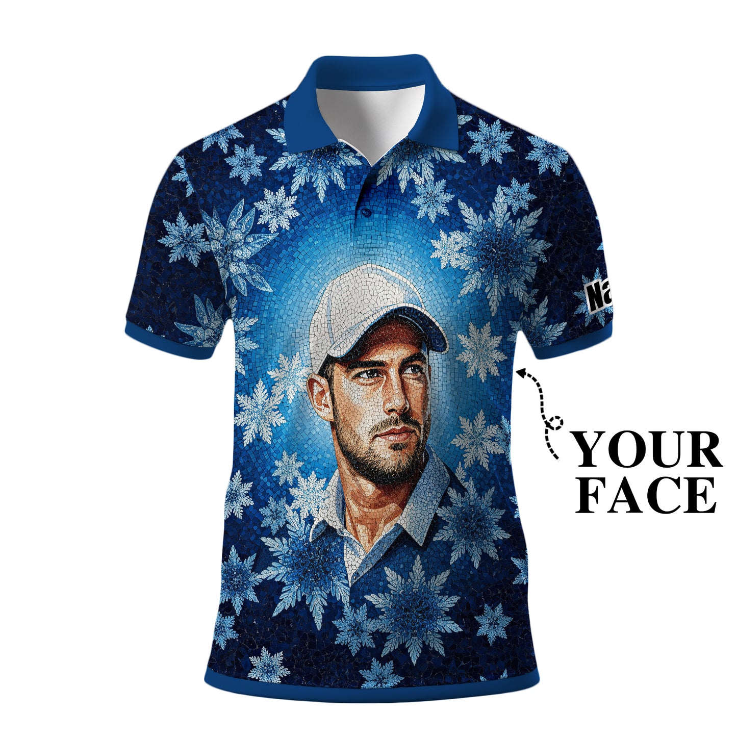 Custom Face Golf Polo Shirt – Personalized Christmas Golf Shirt for Him, Unique Holiday Gift for Golfer, Snowflake Design Golf Apparel Style 10