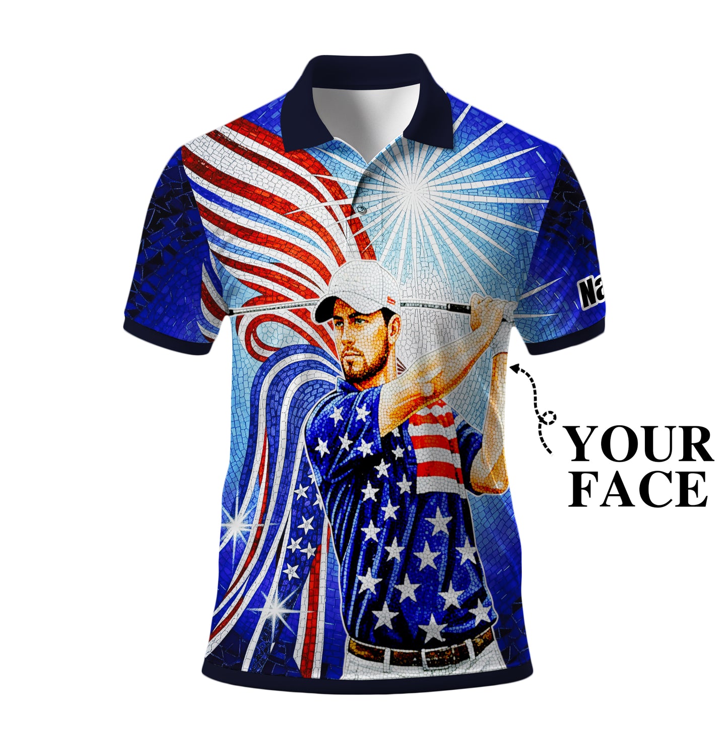 Custom Face Patriotic Golf Polo Shirt – Personalized USA Flag Design – American Pride Gift for Him – Mosaic Art Golf Shirt Style 5