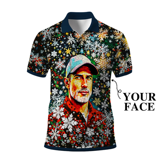 Personalized Christmas Golf Polo Shirt with Your Face – Custom Photo Holiday Shirt – Unique Mosaic Art Xmas Gift for Men, Custom Golf Apparel Style 2