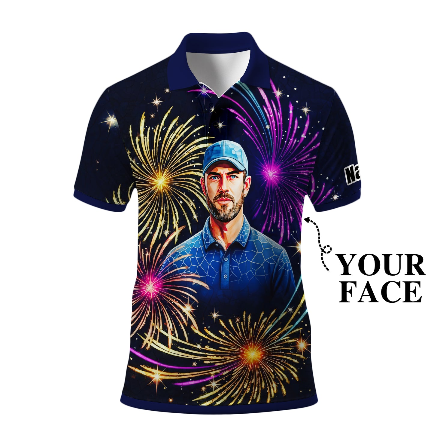 Custom Face Golf Polo Shirt – New Year Fireworks Edition | Personalized Golf Polo | Unique Holiday Gift for Him 2025 Style 2