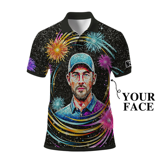 Custom Face Golf Polo Shirt – New Year Fireworks Edition | Personalized Golf Polo | Unique Holiday Gift for Him 2025 Style 5