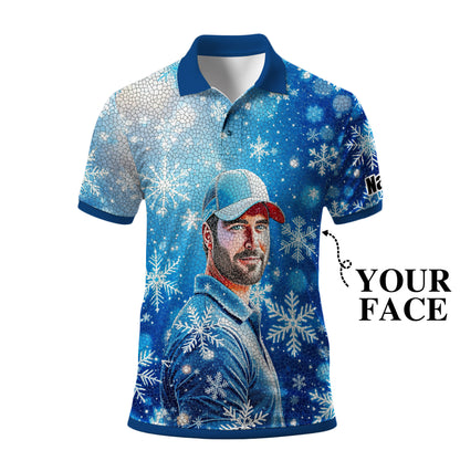 Custom Face Golf Polo Shirt – Personalized Christmas Golf Shirt for Him, Unique Holiday Gift for Golfer, Snowflake Design Golf Apparel Style 8