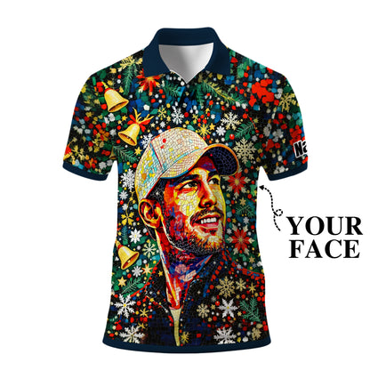 Personalized Christmas Golf Polo Shirt with Your Face – Custom Photo Holiday Shirt – Unique Mosaic Art Xmas Gift for Men, Custom Golf Apparel Style 10