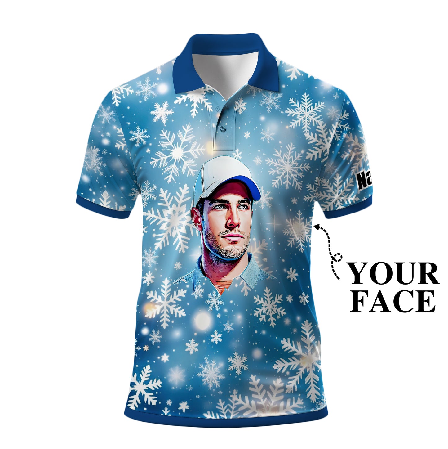 Custom Face Golf Polo Shirt – Personalized Christmas Golf Shirt for Him, Unique Holiday Gift for Golfer, Snowflake Design Golf Apparel Style 2