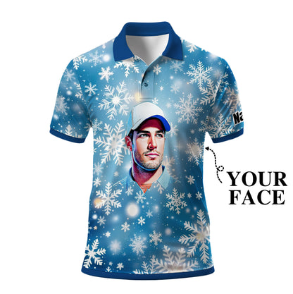 Custom Face Golf Polo Shirt – Personalized Christmas Golf Shirt for Him, Unique Holiday Gift for Golfer, Snowflake Design Golf Apparel Style 2