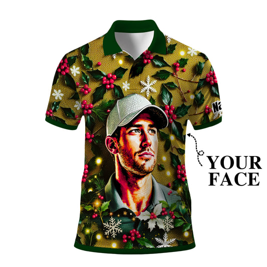 Custom Face Golf Polo Shirt – Personalized Christmas Golf Shirt for Him, Unique Holiday Gift for Golfer, Snowflake Design Golf Apparel Style 17