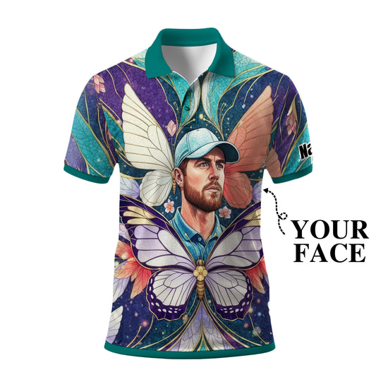 Custom Face Butterfly Golf Polo Shirt – Personalized Spring Mirage Art Style – Unique Gift for Him, Nature Inspired Men's Shirt Style 6