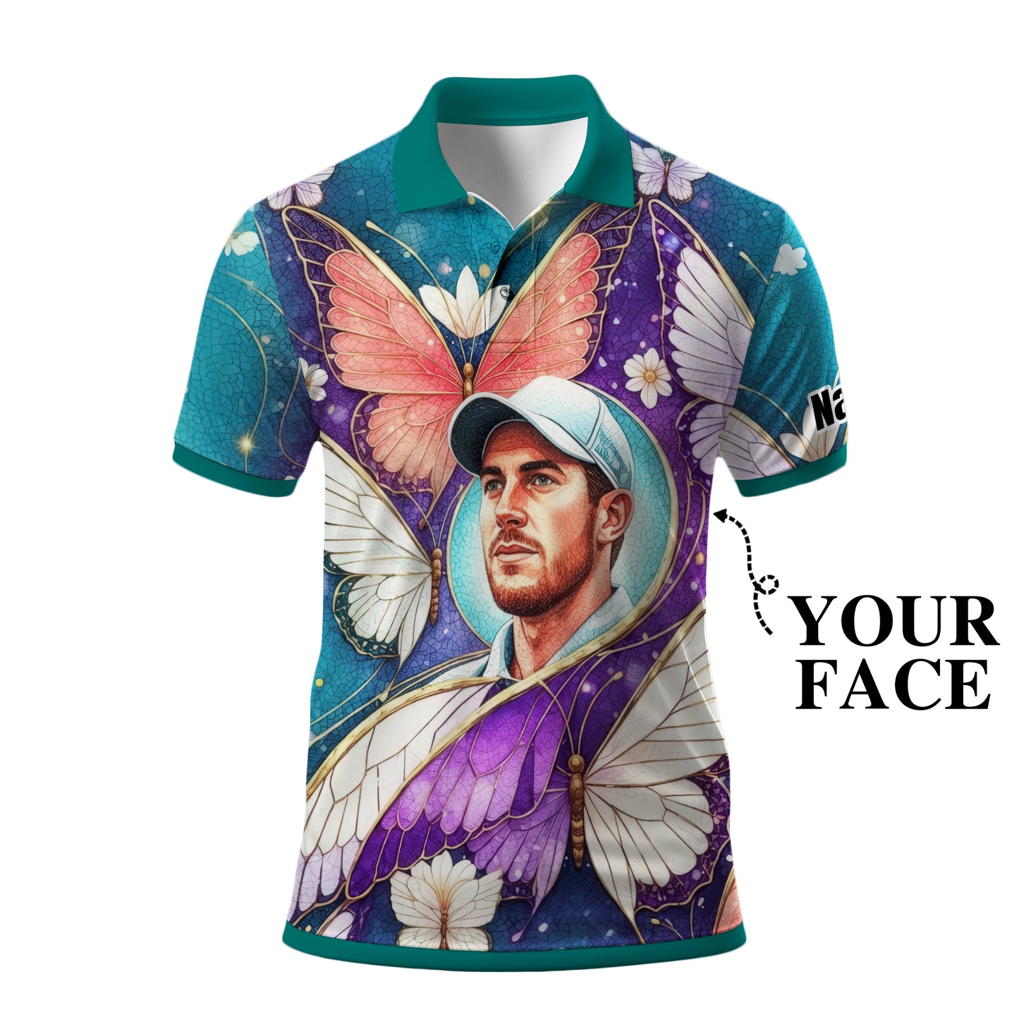 Custom Face Butterfly Golf Polo Shirt – Personalized Spring Mirage Art Style – Unique Gift for Him, Nature Inspired Men's Shirt Style 5