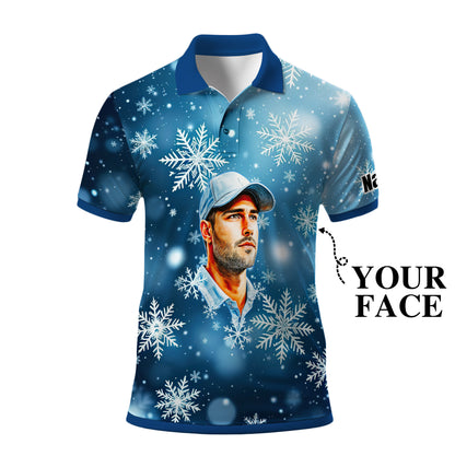 Custom Face Golf Polo Shirt – Personalized Christmas Golf Shirt for Him, Unique Holiday Gift for Golfer, Snowflake Design Golf Apparel Style 5