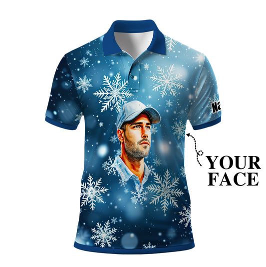 Custom Face Golf Polo Shirt – Personalized Christmas Golf Shirt for Him, Unique Holiday Gift for Golfer, Snowflake Design Golf Apparel Style 5