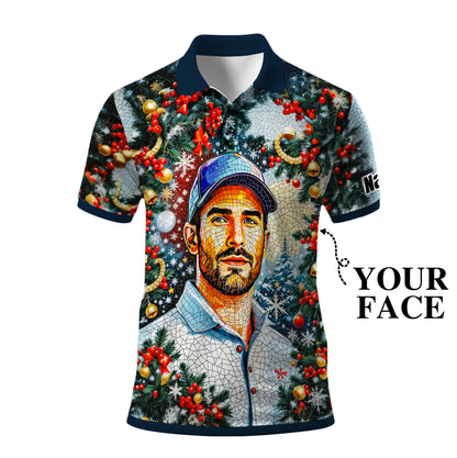 Personalized Christmas Golf Polo Shirt with Your Face – Custom Photo Holiday Shirt – Unique Mosaic Art Xmas Gift for Men, Custom Golf Apparel Style 9