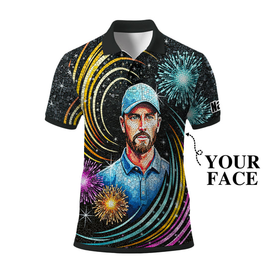 Custom Face Golf Polo Shirt – New Year Fireworks Edition | Personalized Golf Polo | Unique Holiday Gift for Him 2025 Style 7
