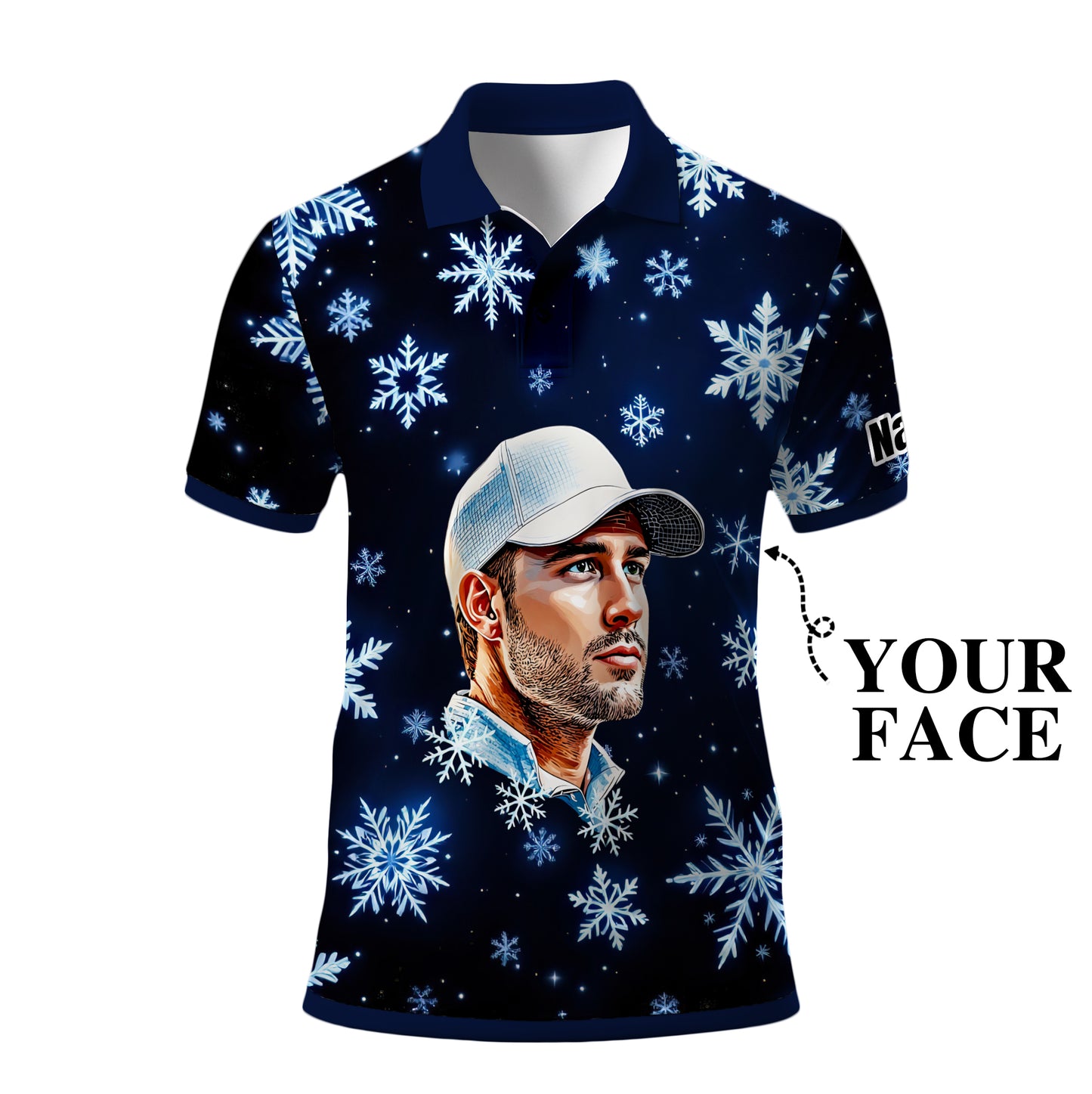 Custom Face Golf Polo Shirt – Personalized Christmas Golf Shirt for Him, Unique Holiday Gift for Golfer, Snowflake Design Golf Apparel Style 4
