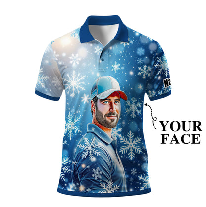 Custom Face Golf Polo Shirt – Personalized Christmas Golf Shirt for Him, Unique Holiday Gift for Golfer, Snowflake Design Golf Apparel Style 3