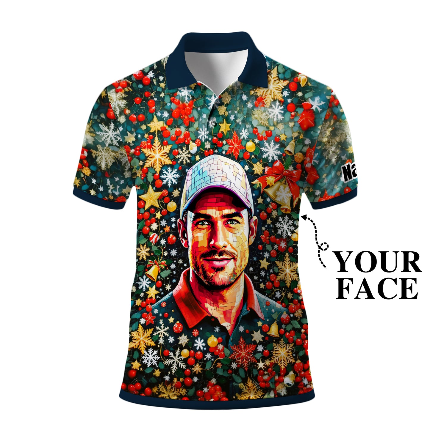 Personalized Christmas Golf Polo Shirt with Your Face – Custom Photo Holiday Shirt – Unique Mosaic Art Xmas Gift for Men, Custom Golf Apparel Style 8
