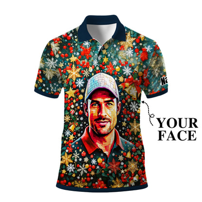 Personalized Christmas Golf Polo Shirt with Your Face – Custom Photo Holiday Shirt – Unique Mosaic Art Xmas Gift for Men, Custom Golf Apparel Style 8