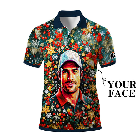 Personalized Christmas Golf Polo Shirt with Your Face – Custom Photo Holiday Shirt – Unique Mosaic Art Xmas Gift for Men, Custom Golf Apparel Style 8