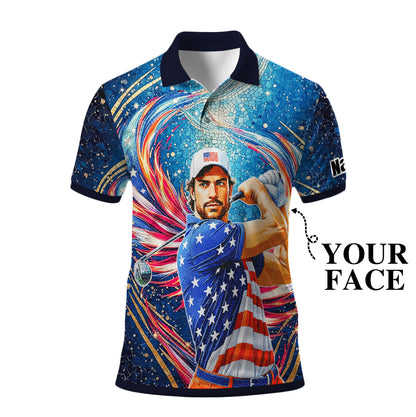 Custom Face Patriotic Golf Polo Shirt – Personalized USA Flag Design – American Pride Gift for Him – Mosaic Art Golf Shirt Style 8