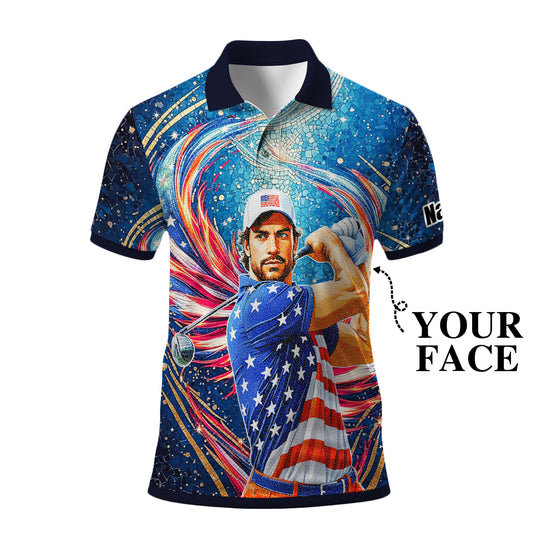 Custom Face Patriotic Golf Polo Shirt – Personalized USA Flag Design – American Pride Gift for Him – Mosaic Art Golf Shirt Style 8